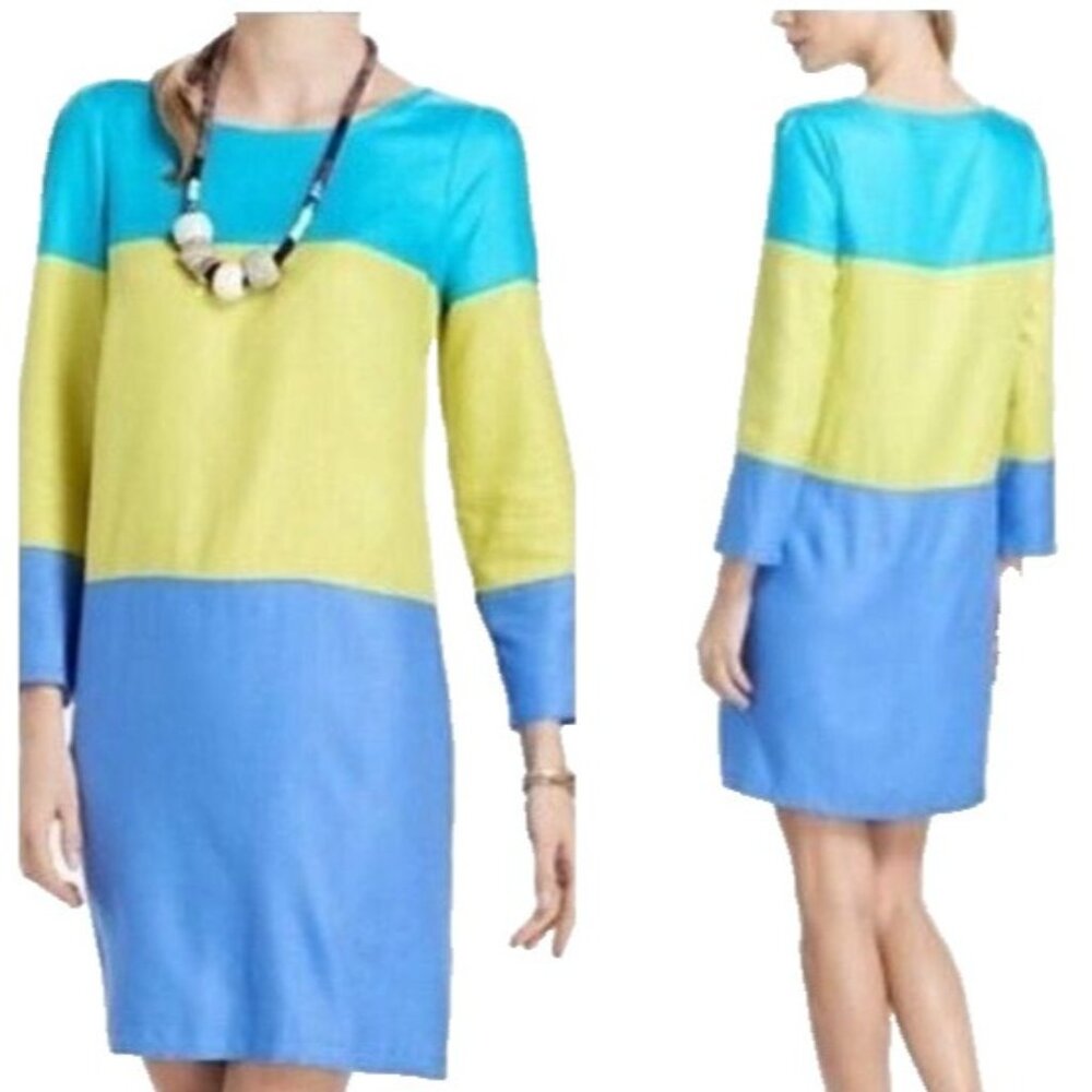 Anthropologie Maeve Womens Mini Shift Dress Size 4 Blue Yellow Long Sleeve